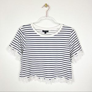 Topshop Floral Lace‎ Trim Striped Short Sleeve Crop Top 4